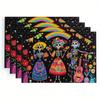 4pcs Day of the Dead Skeleton Theme Placemats, Mexican Folk Art Polyester Fabric, Digital Print
