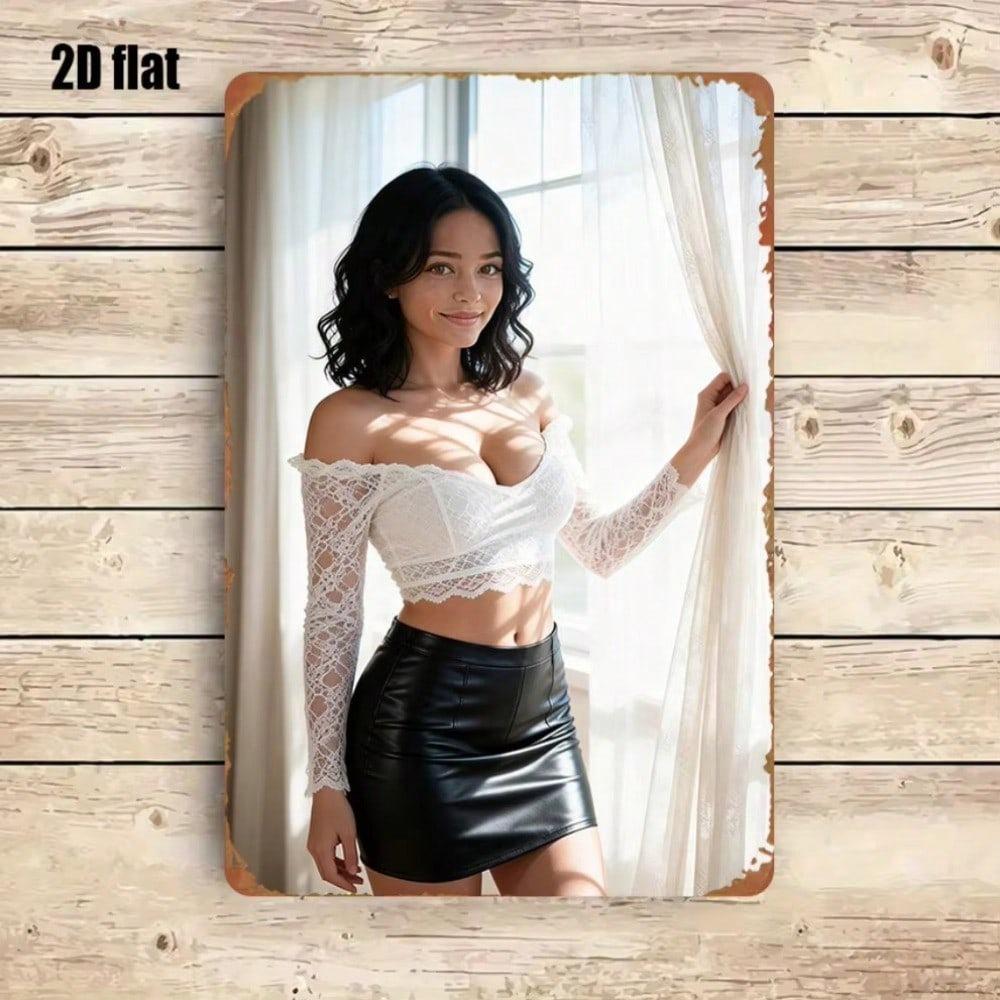 Pinup Woman Metal Poster Lace Top Black Skirt 8x12 Inch Wall Art for Bar