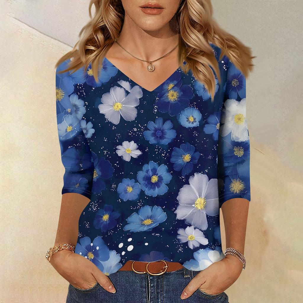 Women's V Neck 3/4 Sleeve Loose Fit Casual Shirt Floral Print Lightweight Blouse for Everyday Wear