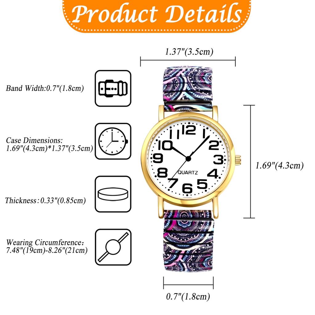 Bohemian Watch with Elastic Strap and Arabic One Size Fits Floral Waterproof Quartz Watch with Stretchable Stainless Steel Analog Colorful Ethnic