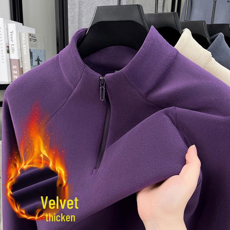 Men's Plush Lined Half-Zip Stand Collar Sweatshirt - Warm Outdoor Base Layer for Autumn & Winter