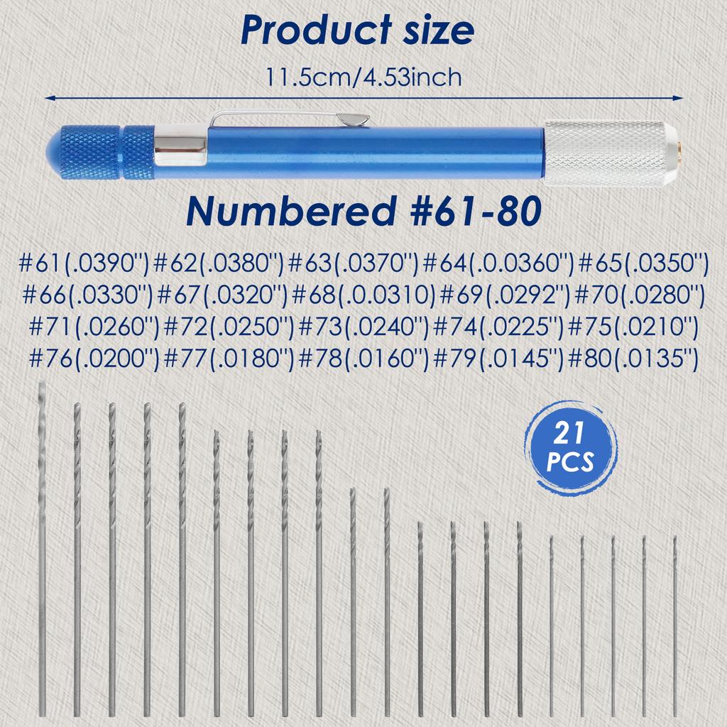 57/21pcs Pin Vise Hand Drill Bits Micro Mini Twist Drill Bit Set 0.5-3mm with 1 pc Pin Vise Rotary Tools for Wood Jewelry Plasti