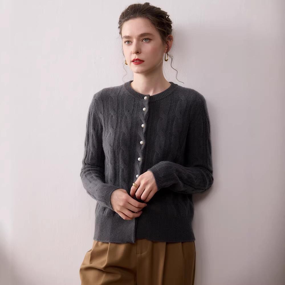 Women's Cashmere Cable Knit Cardigan: Soft, Thick, Round Neck, Single-Breasted, Solid Color - Perfect for Autumn and Winter.