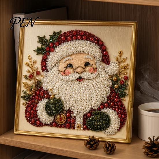 Full Drill Gem Art for Beginners DIY Christmas Faux Pearl Painting Kit with Frame, Santa Creative Gift Crafters Beads Craft Adults Beginner, Handmade