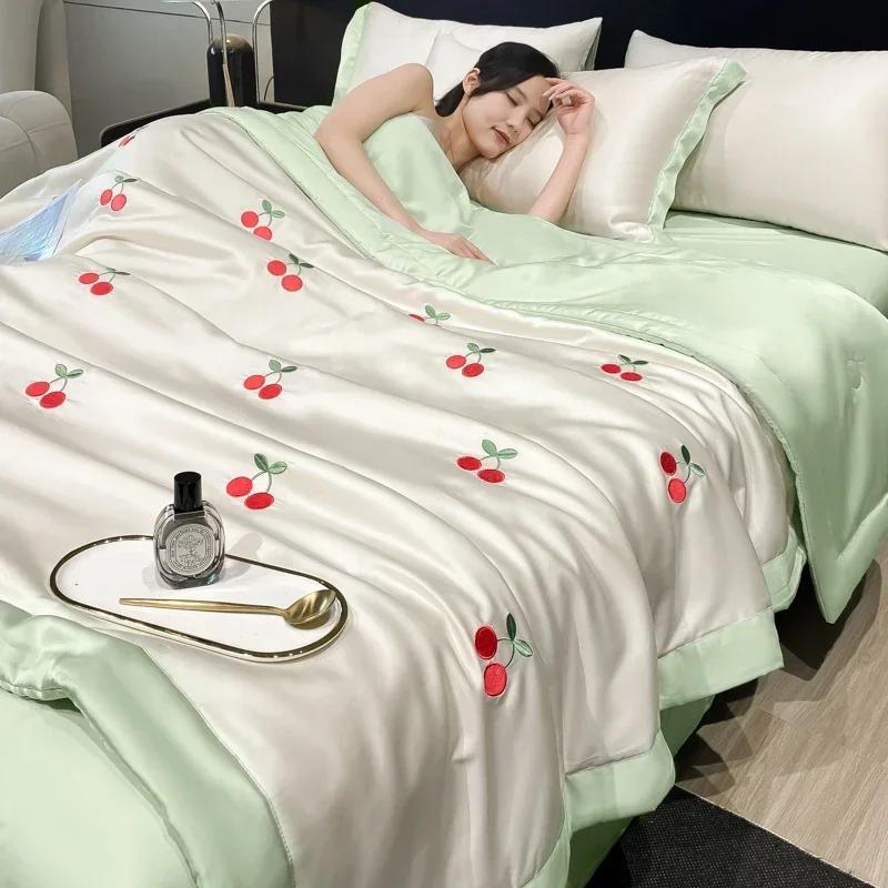 High-end Embroidered Spring Summer Quilt 4 Pcs Set or 3 Pcs Set or 1 Pcs Luxury Skin- Friendly Summer Blanket Lightweight Duvet
