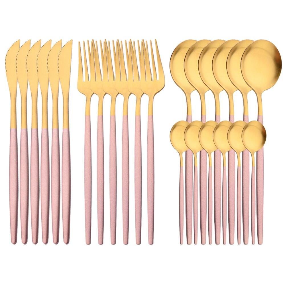 24 deler Matt Svart Gull Bestikksett Gaffel Skje Kniv Bestikksett Rustfritt stål Bestikk Komplett servisesett Kjøkken