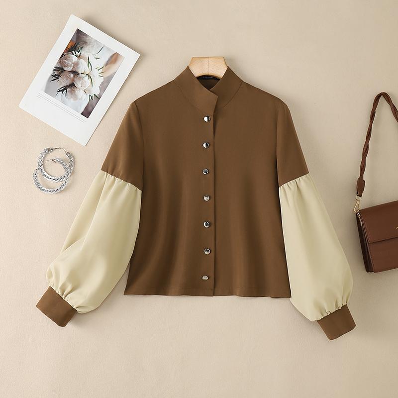 ZANZEA Women CasuaL Stand Collar Splice Puff Long Sleeve Blouse