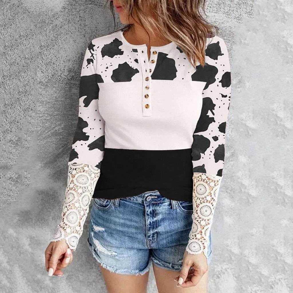 Women's Slim Fit Casual Cow Striped Lace Long Sleeve Top T-Shirt Blouse