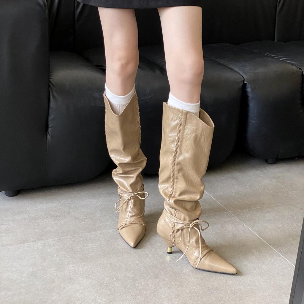 2025 autumn and winter new fashion niche string rope cone heel pointed western cowboy boots stacking boots boots long boots