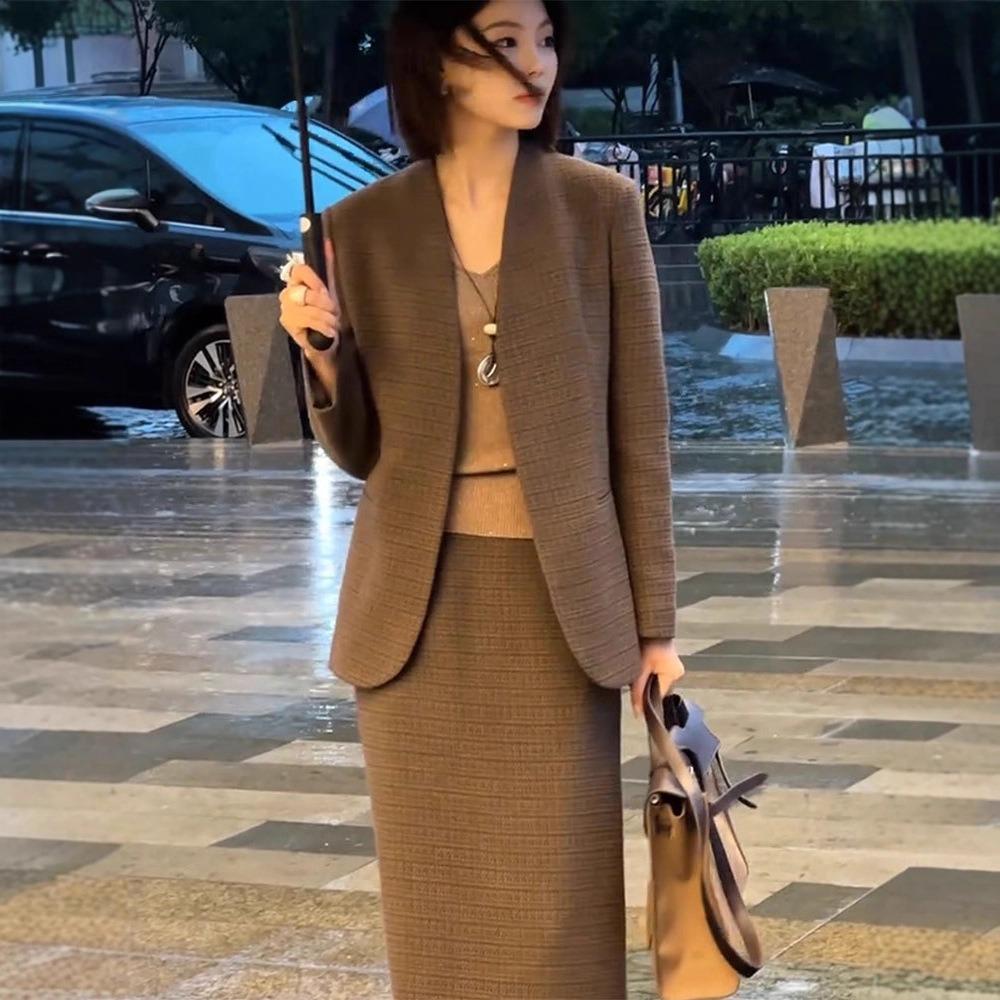 Women's Loose Fit Blazer Suit Long Sleeve Top Midi Skirt Set Elegant 2-Piece Outfit
