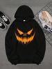 Spooky Pumpkin Face Hoodie - Black And Orange Glow-In-The-Dark-Like Digital Print Pullover Soft Loose-Fit Hooded Sweatshirt for Ha