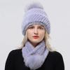 Zimowy Ciepły Damski Zestaw Czapka Szalik Dzianinowa Czapka z Pomponem Pokryta Futrem Norki Szalik z Naturalnego Futra Wysokiej Jakości