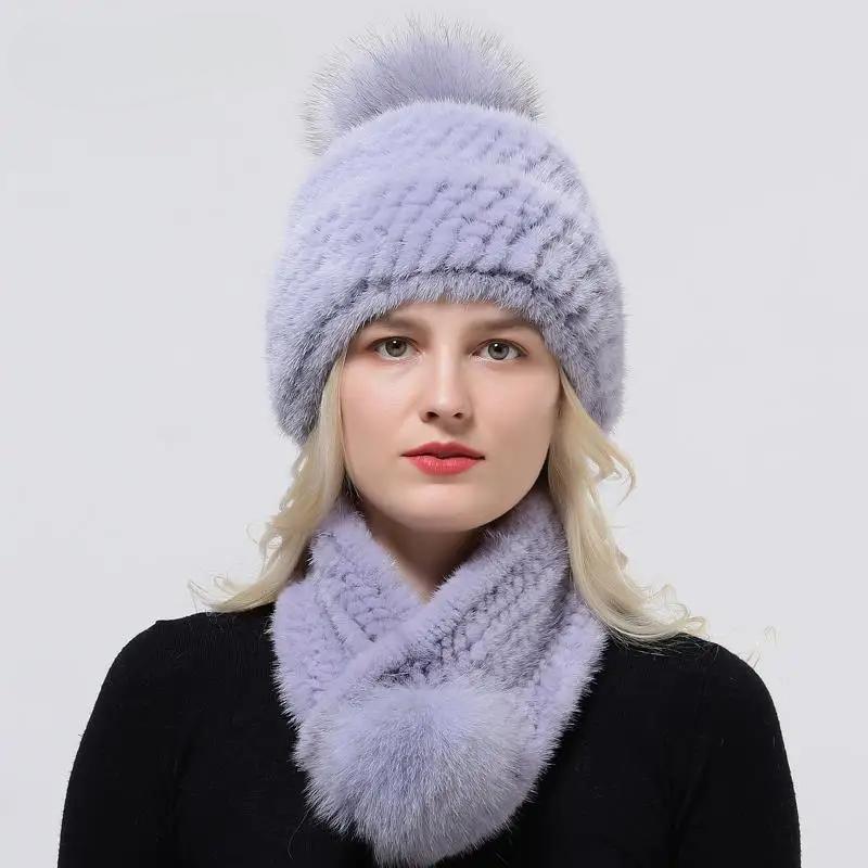 Zimowy Ciepły Damski Zestaw Czapka Szalik Dzianinowa Czapka z Pomponem Pokryta Futrem Norki Szalik z Naturalnego Futra Wysokiej Jakości