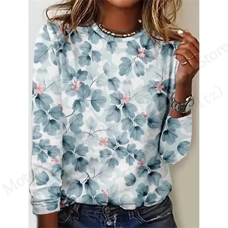 2025 New Floral 3d Print T-Shirt Casual Crew Neck Long Sleeve T-shirt Women's Clothing Fashion Casual Oversized Tops Tees Female