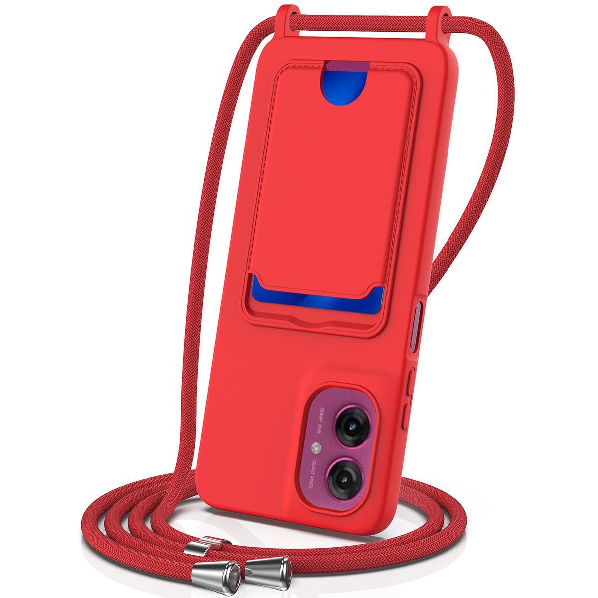 

For Motorola Moto G55 5G Case Liquid Silicone Card Holder Back Phone Cover with Lanyard Red