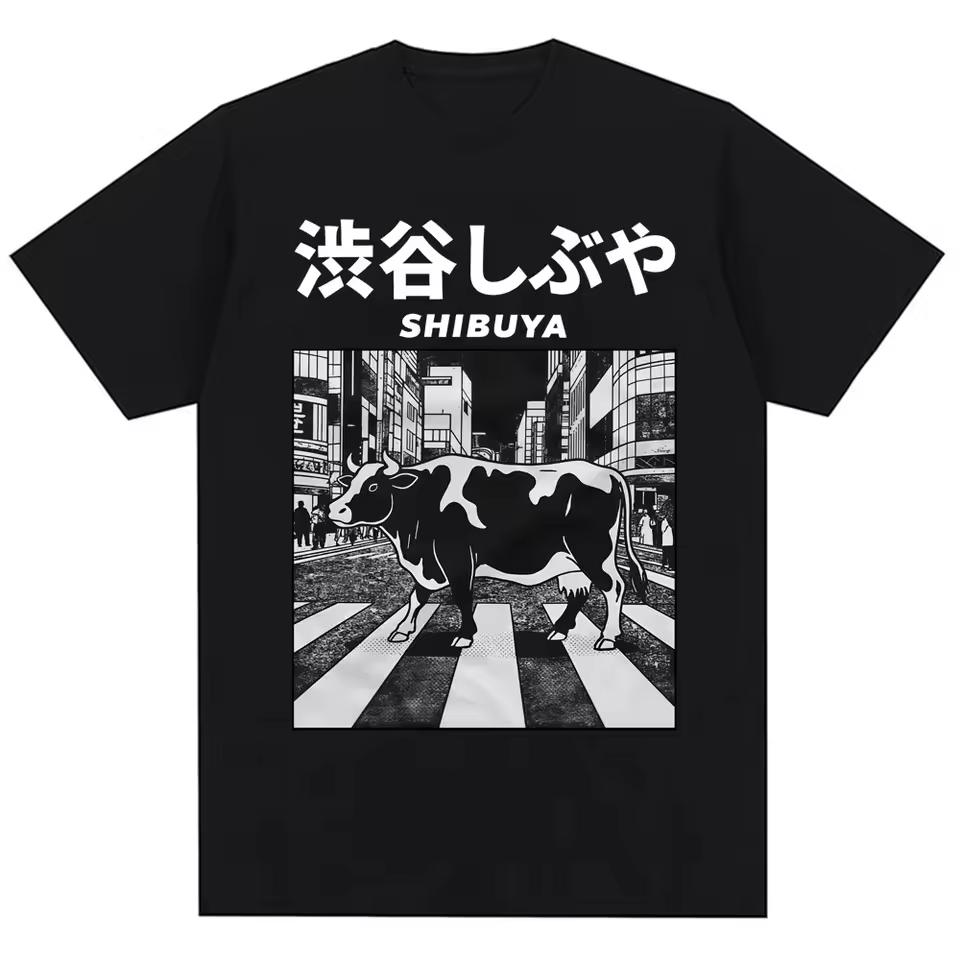 Japanese Style 90s Shibuya Cow Graphic Vintage T Shirt Harajuku Tokyo Men Women Fashion T Shirt Oversized Cotton Casual T Shirts