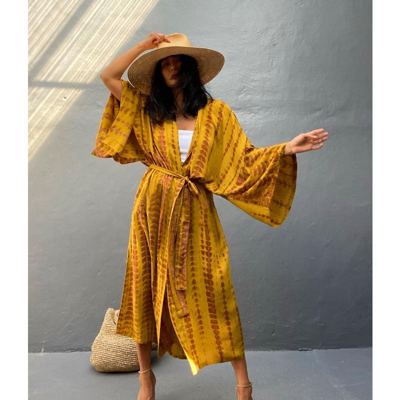 Women's Fashion Spring Fall Colour Block Print Long Sleeve Loose Waistline Casual Dresses