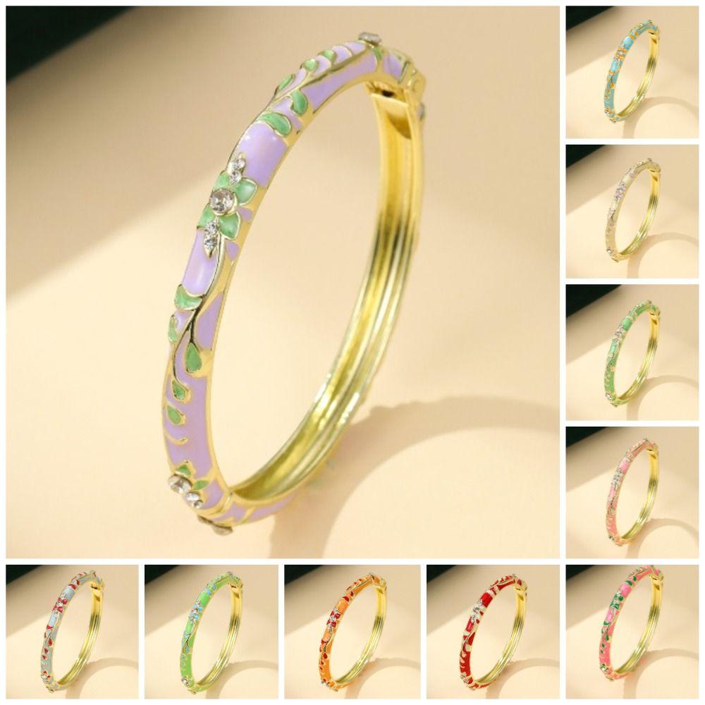 Elegant Open Cuff Bracelet Colorful Enamel Vintage Cloisonne Bangle Women's Floral Bracelet  Ladies