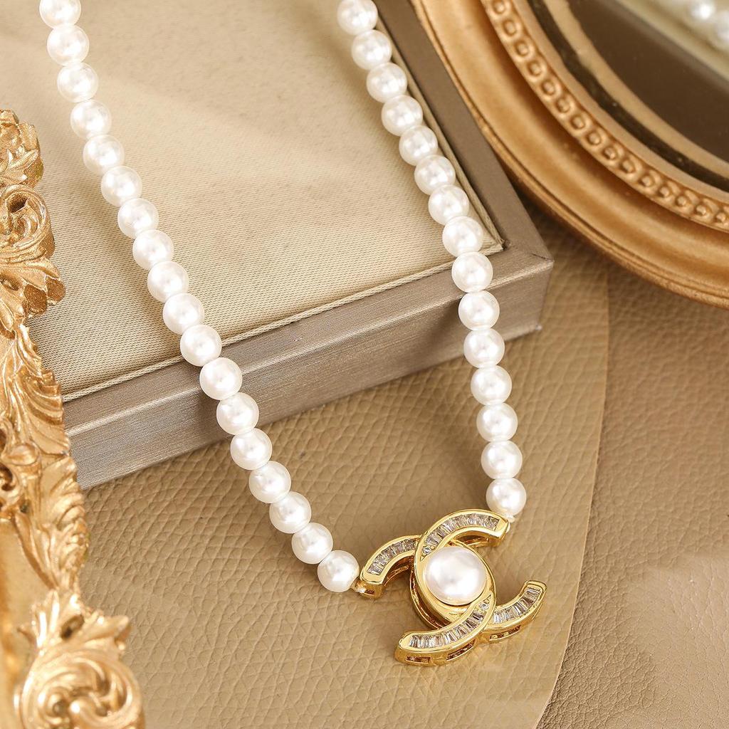 Elegant Double C Pearl Necklace with Zircon Pendant - Versatile Light Luxury Fashion Accessory