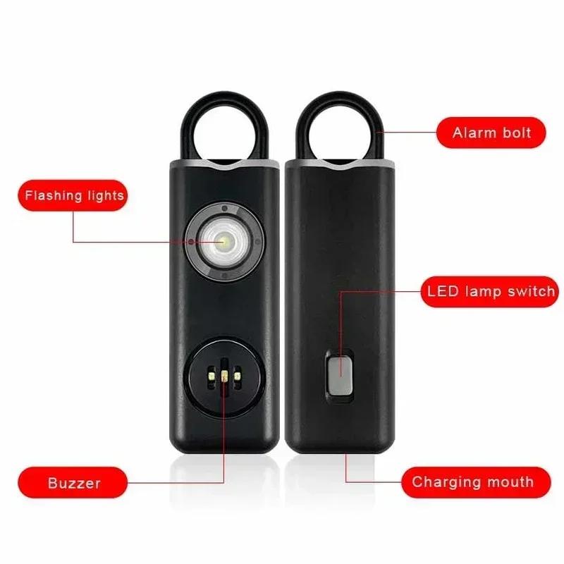 2025 Self Defense LED Flashlight USB Rechargeable Keychain Light Safety Alarm Protective Supplies Women Outdoor Emergency Tool
