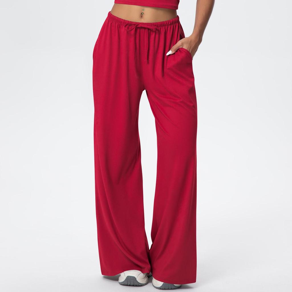 Women's Wide-Leg Brushed Fleece Pants with Drape Pockets and Elastic Drawstring