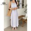French Elegant Simple Loose Round Neck Pleated Dress Design Sense Large Backless Sleeveless Solid Color Sling Dress