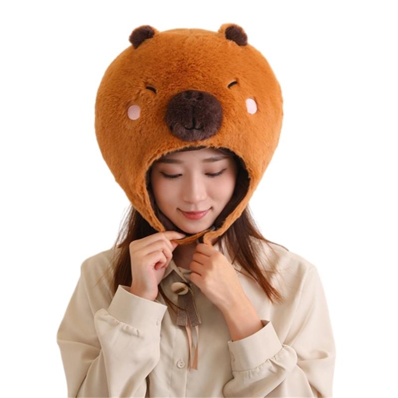 

Halloween Capybara Furry Headgear Perfect for Role Playing Costume Parties Plush Furry Hat Cartoon Capybara 1 коричневий