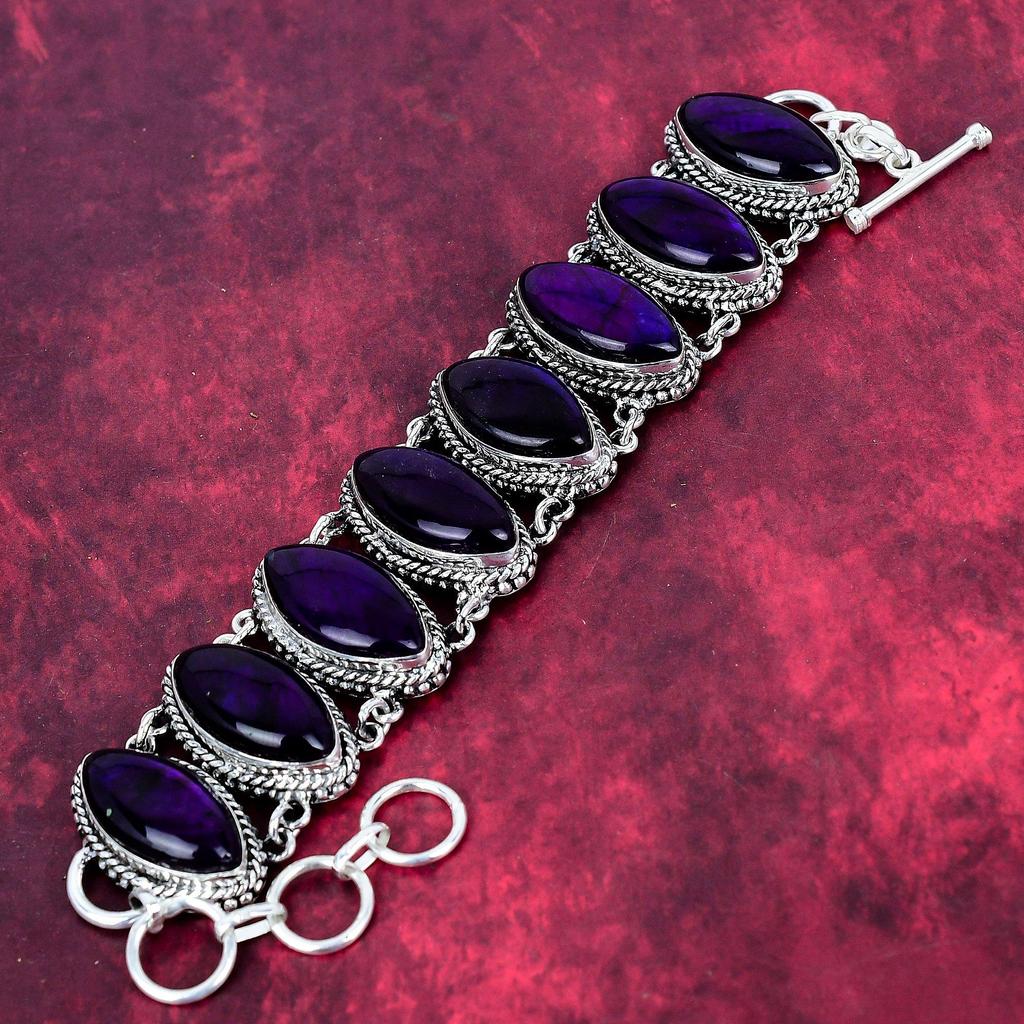 Purple Flash Labradorite 925 Solid Sterling Silver Bracelet, With Adjustable Chain, Handmade Gemstone Bracelet & Necklace Jewelry Set For Memorial Day