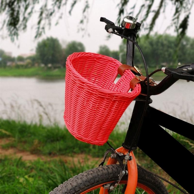 Dětský Ručně Tkaný Cyklistický Koš na Řídítka Kolo Nákladní Koš Pro Dívku s Koženými Pásky, Odnímatelný