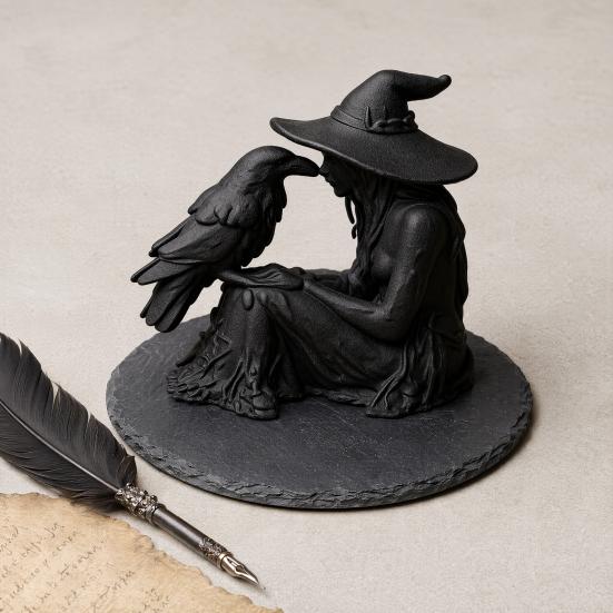 3D Printed Witch Ornament, with Stable Base Matte Black Figurine, Gothic Style Resin Sculpture for Halloween Party Home Decorations