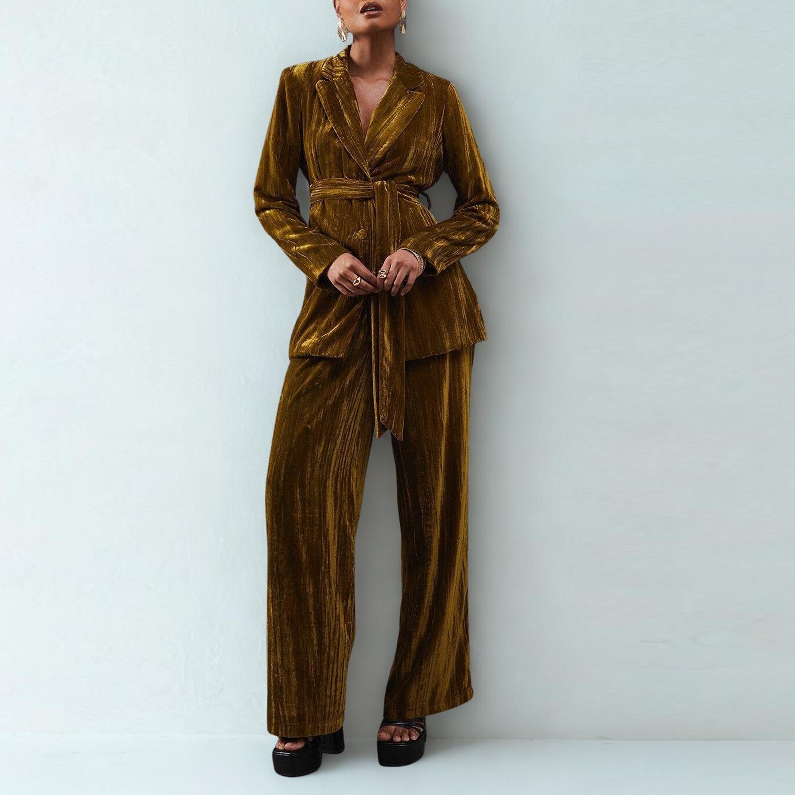 

Women s Fashion Casual Long-Sleeved Solid-Colour Pleated Velvet Two-Piece Set With And Straight-Leg Trousers XL
