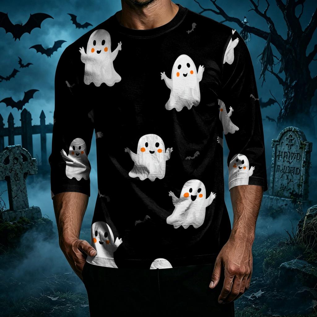 Men's Halloween Print Casual T Shirt 3 4 Sleeve Crew Neck Top Lightweight Comfortable Fit Seasonal Graphic Tee