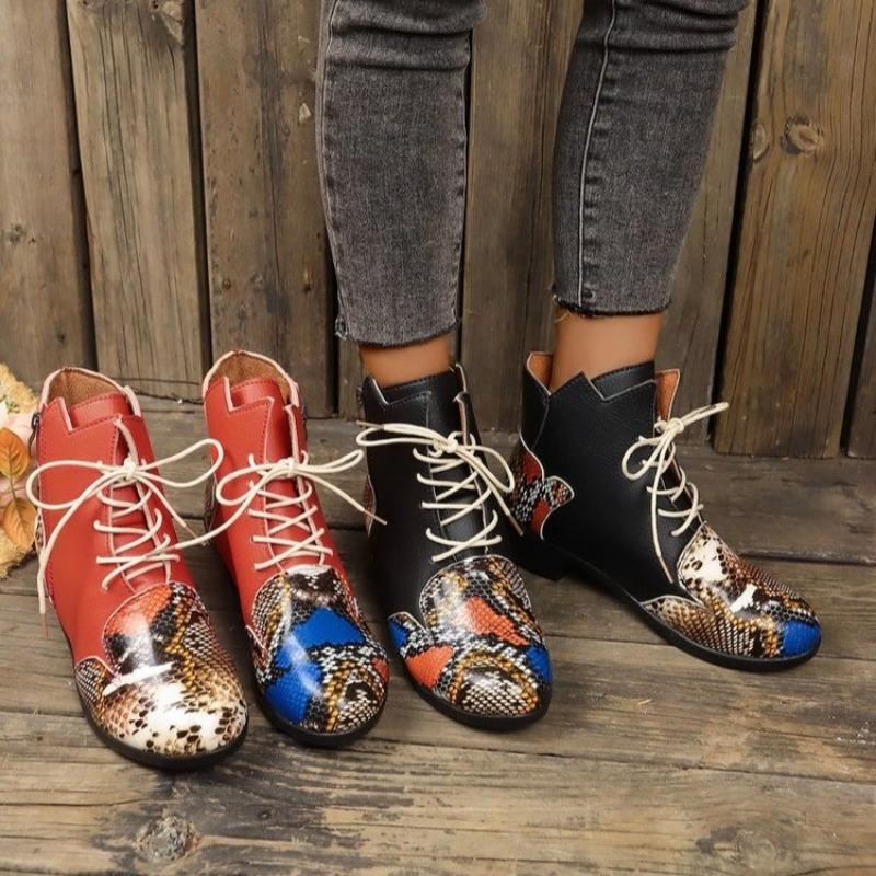 Fashion Women's Fashion Ankle Boots Fall New Round Head Splicing Lace-up Side Zipper Square Heel Ankle Boots