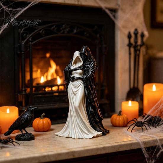 Gothic Home Decor Hugging Reaper Figurine, Resin Black And White Skeleton Bookshelf Art Statue for Bookshelves Desktop, Retro Halloween Atmosphere