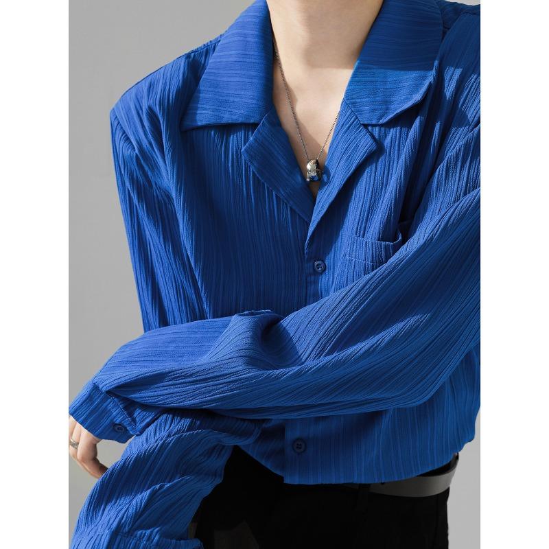 

Men s Blue Textured Camp Collar Button Down Shirt Casual Oversized Streetwear Top M синій
