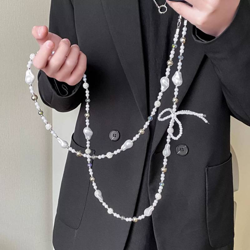 Silver Pearl Bow Diamond Ball Phone Lanyard With Pvc Strap For Women And Men