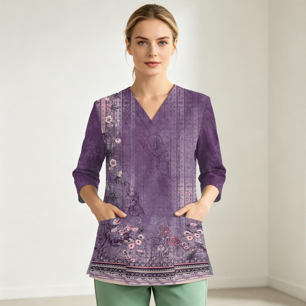 Women's Uniform Top, V-Neck with Single Pocket and Side Slit, 3/4 Sleeve