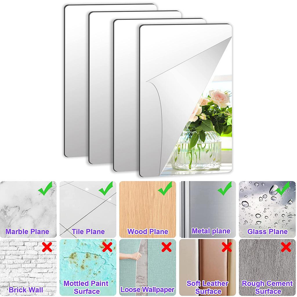 4pcs Acrylic Mirror Sheets Flexible Non Glass Mirror Tiles with 16pcs Self Adhesive Stickers for Home Livingroon Decoration Wall Decor