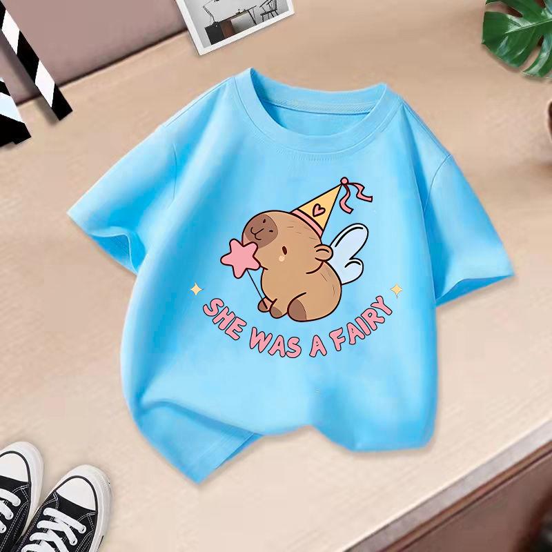 Children T-shirt Capybara Printed Kids 100% Cotton Tops O-Neck Short-sleeve Kids 2-13Y T-shirt