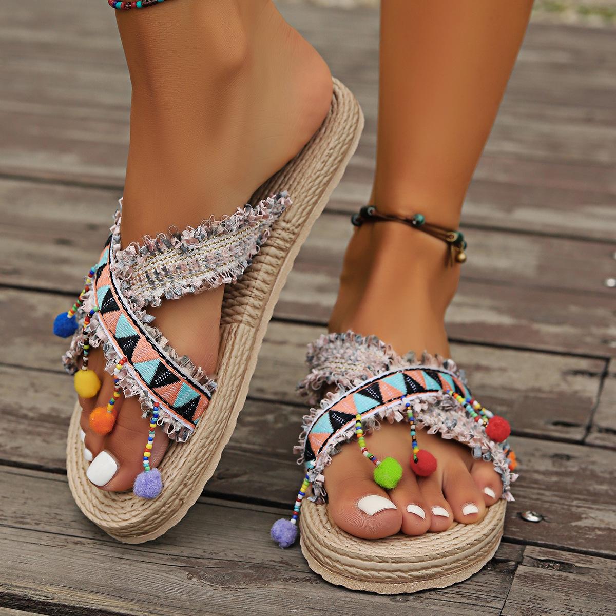 

Women s Large Size Tassel Bohemian Style Extra Wear Ethnic Style Shoes Beach Wedge Roman Slippers 42 хакі