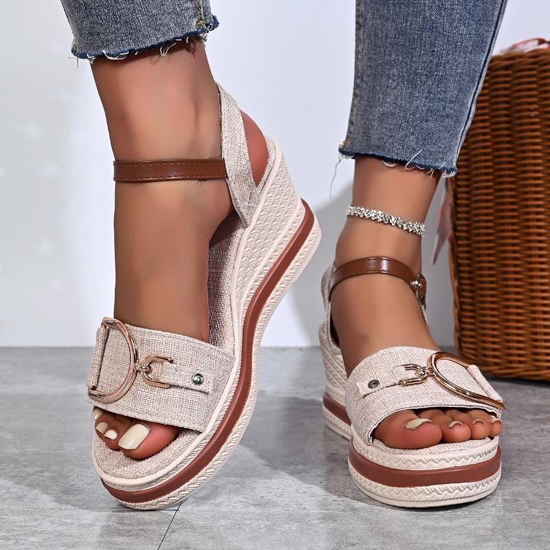Women's Summer Wedge Peep-Toe Roman Beach Sandals With Buckle Strap, Thick-Soled Footwear, Available In Large Sizes.