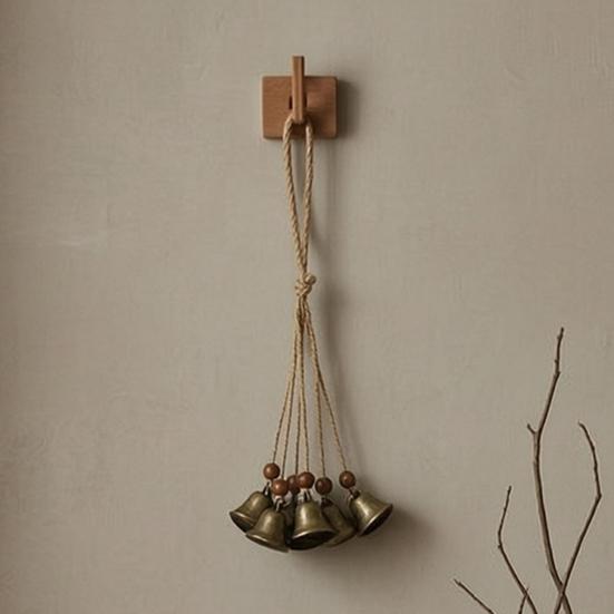 Vintage Bronze Bell Craft Bohemian Metal Pendant with Wooden Beads & Jute Rope, Retro Rustic Garden Chime Hanging Wind for Home Window Door