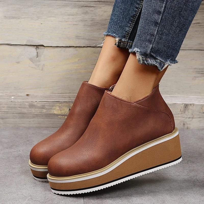 Fashion 2025 New Women's Boots Designer Wedge Platform Boot Fashion Zipper Ankle Boots for Women Pu Leather Casual Boots Botas De Mujer