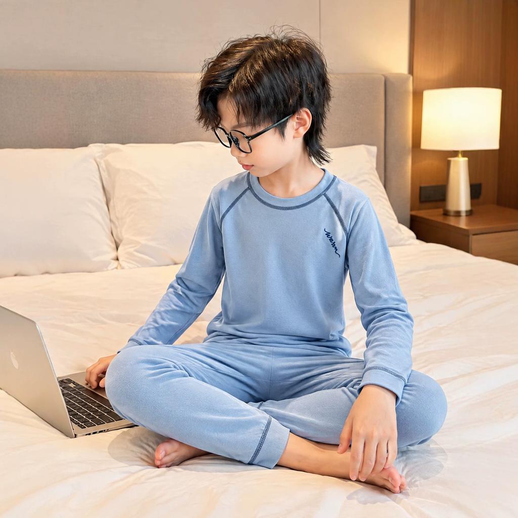 Boys long johns pajamas set autumn and winter middle and older children's winter thermal underwear German velvet