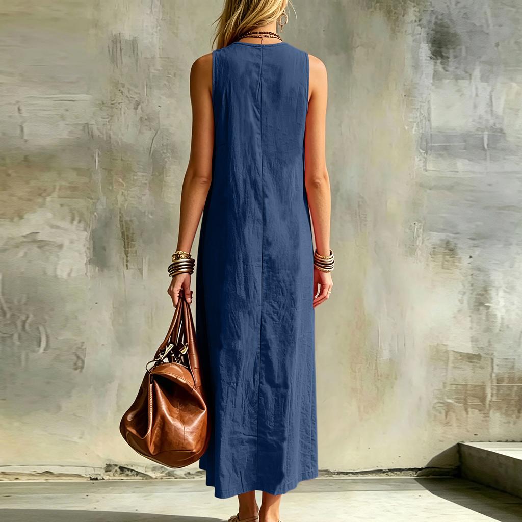 Rochie Maxi Fără Mâneci cu Decolteu în V din In pentru Femei, de Vară, Casual, Croială Largă, Rochie Lungă cu Detaliu Buton, Material Ușor și Respirabil