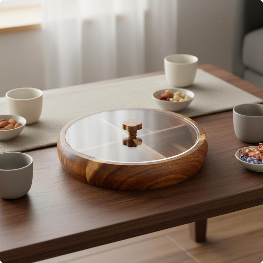 Round Wooden Snack Box with Lid Lidded Nut Tray 4 Compartments Candy for Living Room