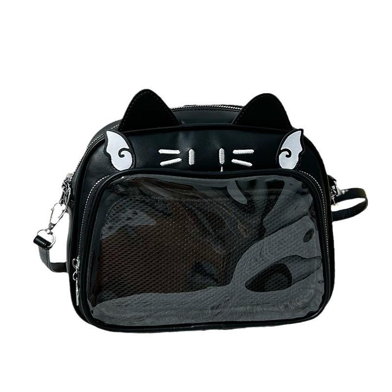 New Street Trend Horizontal Square Messenger Bag Women's Transparent Cat Ear Mobile Phone Bag Double Shoulder Strap Zipper Open Lid