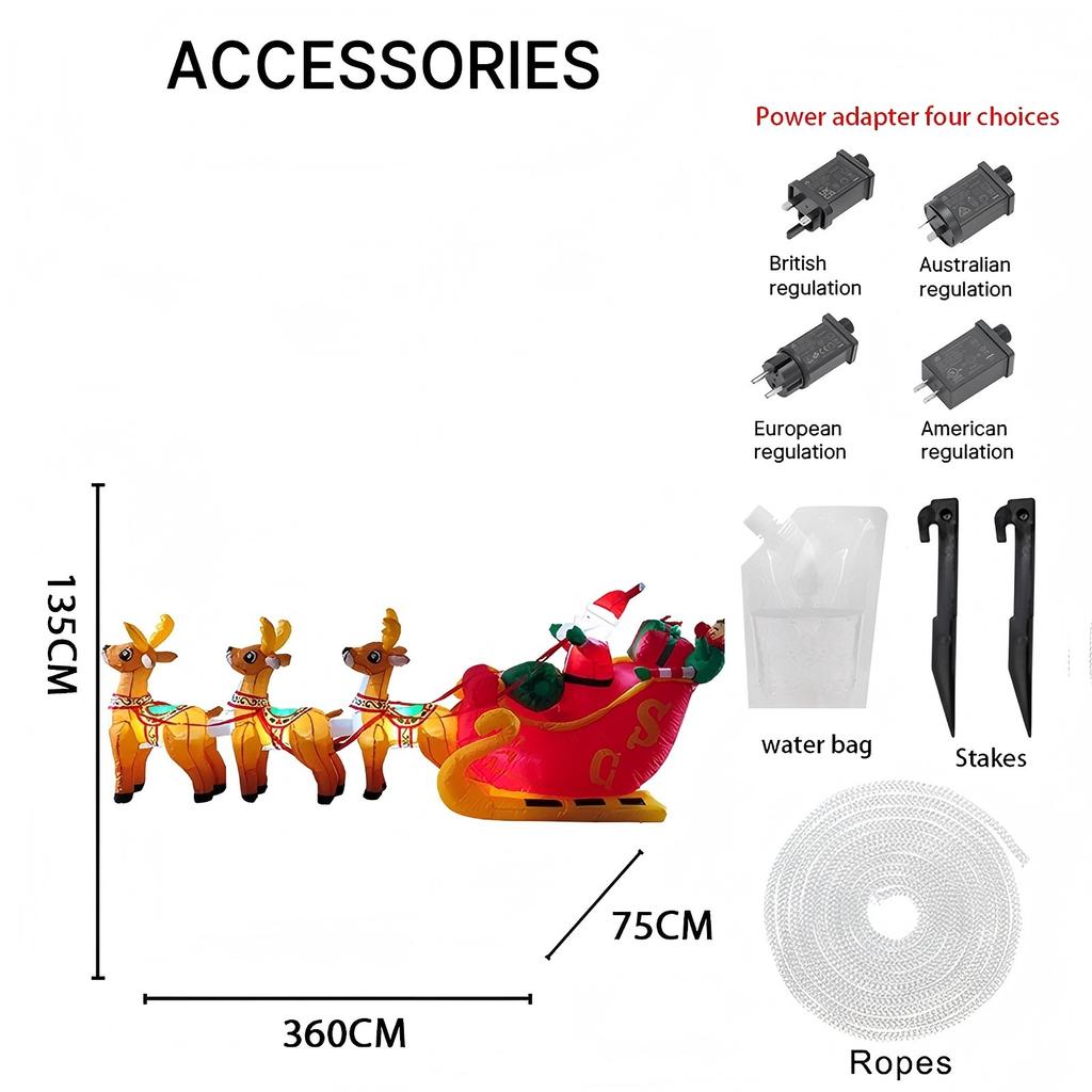 11.81FT Inflatable Santa Three Sleigh Reindeer Toy LED Festive Gift Xmas Yard Party Decoration Christmas Supplies Home Ornament
