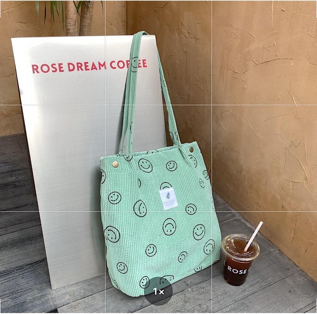 Fashionable Corduroy Smiley Face Tote Bag For Students And Daily Use