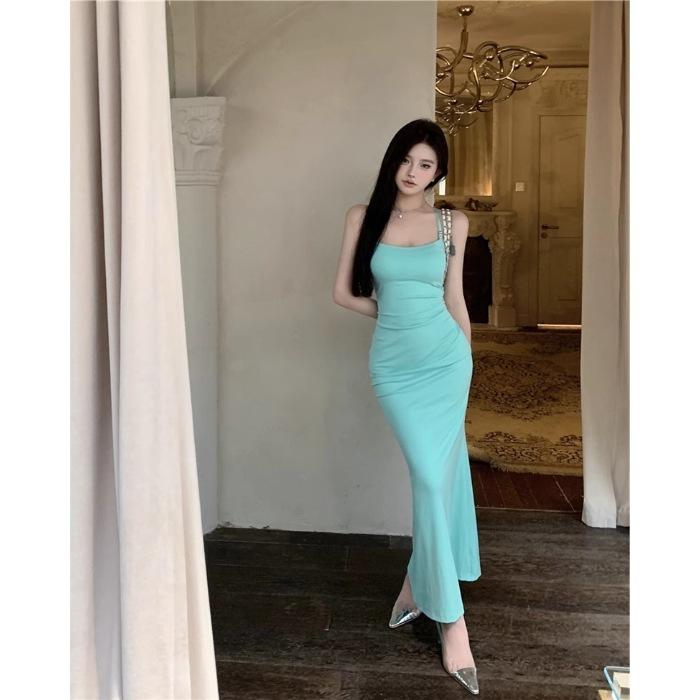Choke Girl Pure Wind Blue Halter Suspender Dress Women's Summer Sexy Slim Fishtail Dress Long Skirt